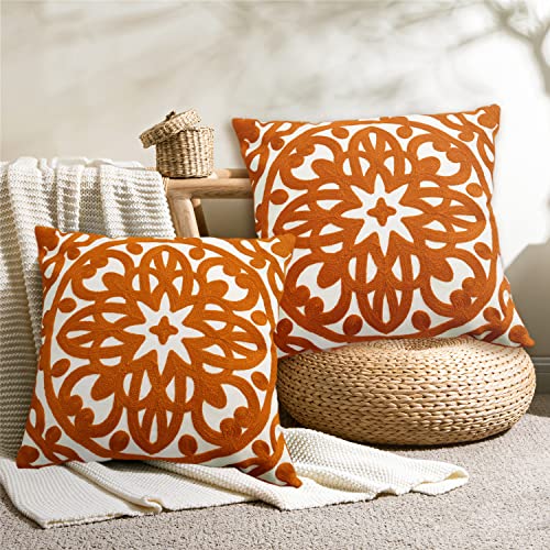 Alysheer Embroidered Decorative Throw Pillow Cover 18x18 inches Set of 2 Pieces, Boho Mandala Modern Chic Classic Pattern Cotton Cushion Case for Sofa Couch Bed Living Room(Burnt Orange) - Image 2