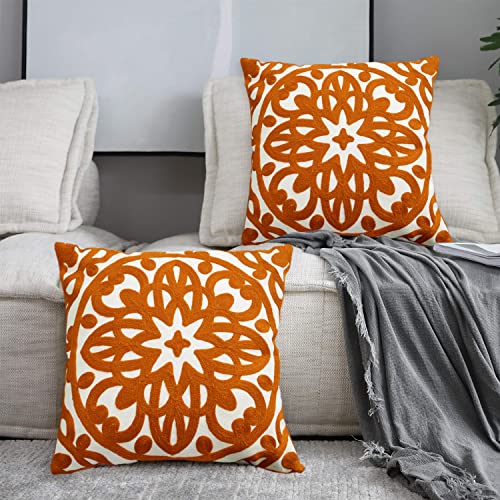 Alysheer Embroidered Decorative Throw Pillow Cover 18x18 inches Set of 2 Pieces, Boho Mandala Modern Chic Classic Pattern Cotton Cushion Case for Sofa Couch Bed Living Room(Burnt Orange) - Image 4