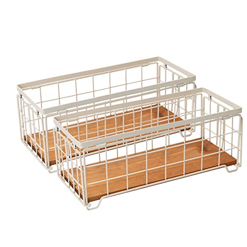 TIEYIPIN Metal Wire Storage Basket, Toilet Paper Roll Holder Wood Base Countertop Decor Box Toilet Tank Shelf Cabinet Organizer for Bathroom Pantry Garage Bedroom Livingroom (Cream White (2 Pack)) - Image 1