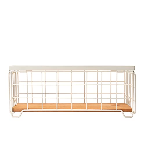 TIEYIPIN Metal Wire Storage Basket, Toilet Paper Roll Holder Wood Base Countertop Decor Box Toilet Tank Shelf Cabinet Organizer for Bathroom Pantry Garage Bedroom Livingroom (Cream White (2 Pack)) - Image 4