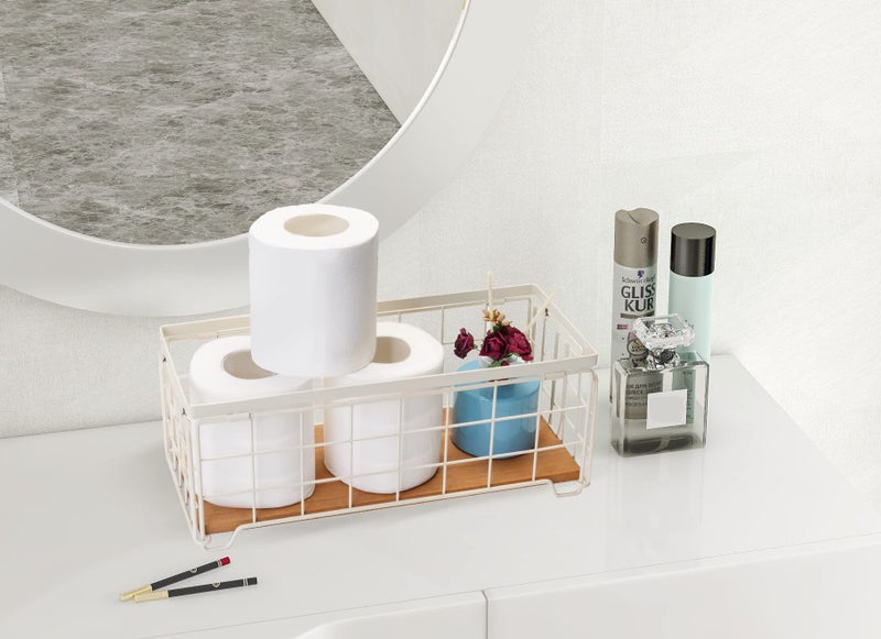 TIEYIPIN Metal Wire Storage Basket, Toilet Paper Roll Holder Wood Base Countertop Decor Box Toilet Tank Shelf Cabinet Organizer for Bathroom Pantry Garage Bedroom Livingroom (Cream White (2 Pack)) - Image 3