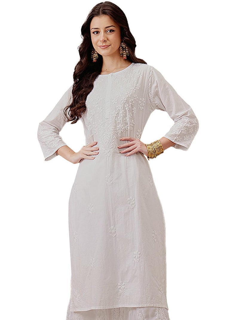 Ada Hand Embroidered Lucknowi Chikankari Straight Cotton Kurti Kurta for Women A411475 White (XL), Regular Fit - Image 1
