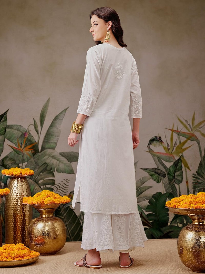 Ada Hand Embroidered Lucknowi Chikankari Straight Cotton Kurti Kurta for Women A411475 White (XL), Regular Fit - Image 2