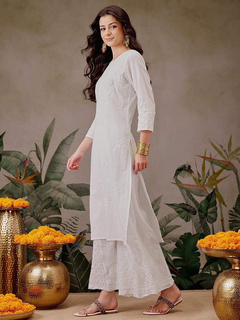 Ada Hand Embroidered Lucknowi Chikankari Straight Cotton Kurti Kurta for Women A411475 White (XL), Regular Fit - Image 4