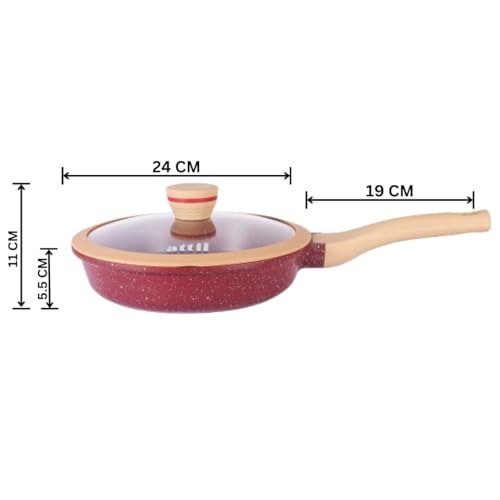 ATTIL - 24 cm Non-Stick Fry Pan with Glass Lid and Silicone Spatula - Induction Base - Granite Cookware Frying Pan - 1.8 LTR - Granite Red - Image 3
