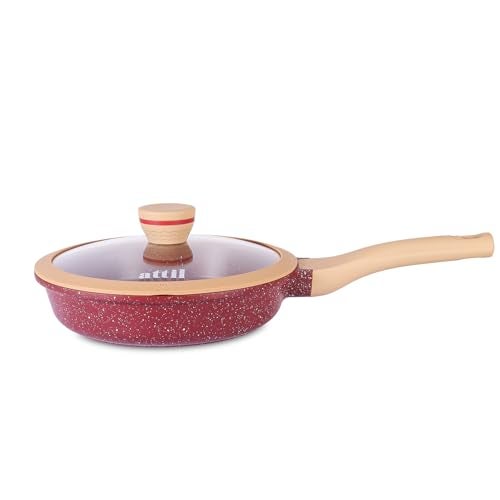 ATTIL - 24 cm Non-Stick Fry Pan with Glass Lid and Silicone Spatula - Induction Base - Granite Cookware Frying Pan - 1.8 LTR - Granite Red - Image 2