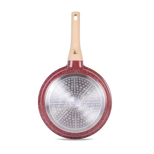 ATTIL - 24 cm Non-Stick Fry Pan with Glass Lid and Silicone Spatula - Induction Base - Granite Cookware Frying Pan - 1.8 LTR - Granite Red - Image 5