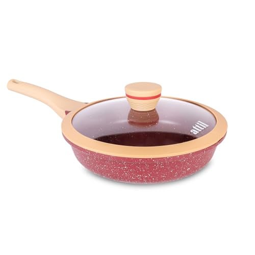 ATTIL - 24 cm Non-Stick Fry Pan with Glass Lid and Silicone Spatula - Induction Base - Granite Cookware Frying Pan - 1.8 LTR - Granite Red - Image 1