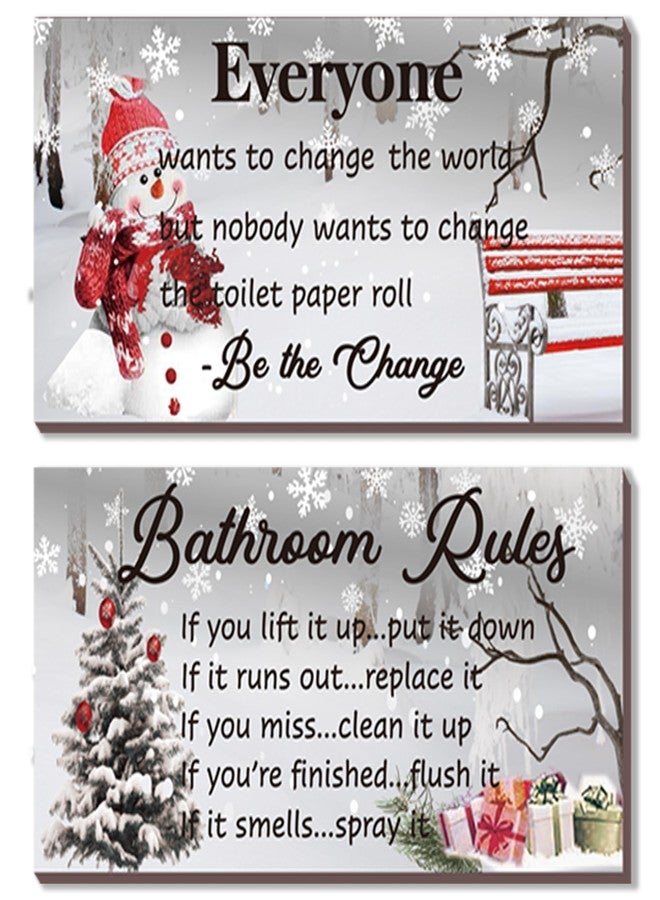 DONFENTHY 2 Pieces Christmas Bathroom Decor Christmas Snowman Decor Wooden Winter with Bathroom Rules Accessories Xmas Snow for Home Bathroom Bedroom Office(White, 12x6 Inch) - Image 1