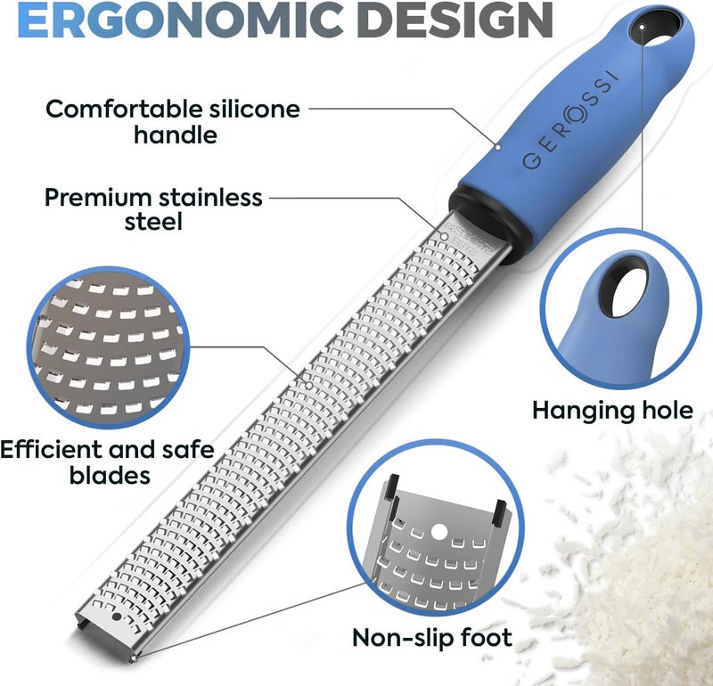GEROSSI Stainless Steel Cheese Grater & Lemon Zester w/Extra Sharp Blade - Perfect for Lemon, Parmesan, Garlic, Chocolate - Spice Up any Dish in Seconds w/Your Premium Citrus Hand Grater with Handle - Blue - Image 4