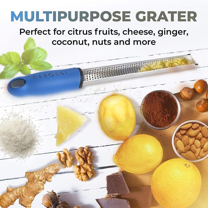 GEROSSI Stainless Steel Cheese Grater & Lemon Zester w/Extra Sharp Blade - Perfect for Lemon, Parmesan, Garlic, Chocolate - Spice Up any Dish in Seconds w/Your Premium Citrus Hand Grater with Handle - Blue - Image 5