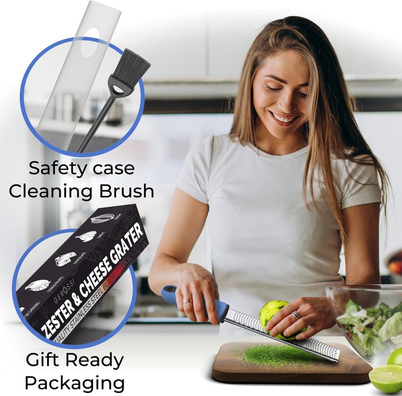 GEROSSI Stainless Steel Cheese Grater & Lemon Zester w/Extra Sharp Blade - Perfect for Lemon, Parmesan, Garlic, Chocolate - Spice Up any Dish in Seconds w/Your Premium Citrus Hand Grater with Handle - Blue - Image 2