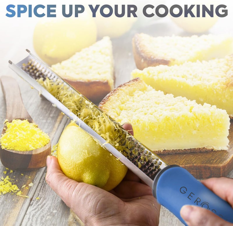 GEROSSI Stainless Steel Cheese Grater & Lemon Zester w/Extra Sharp Blade - Perfect for Lemon, Parmesan, Garlic, Chocolate - Spice Up any Dish in Seconds w/Your Premium Citrus Hand Grater with Handle - Blue - Image 3