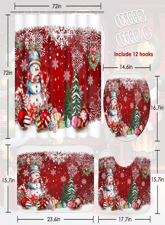 Nesphy Christmas Tree Snowman Shower Curtain Set with Toilet Lid Cover and Non-Slip Rugs for Bathroom Decor, Winter Snowflakes Balls 4PC Shower Curtain, Red Christmas Bathroom Set with 12 Hooks - Image 2