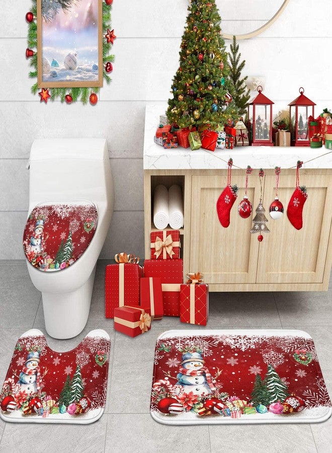 Nesphy Christmas Tree Snowman Shower Curtain Set with Toilet Lid Cover and Non-Slip Rugs for Bathroom Decor, Winter Snowflakes Balls 4PC Shower Curtain, Red Christmas Bathroom Set with 12 Hooks - Image 5