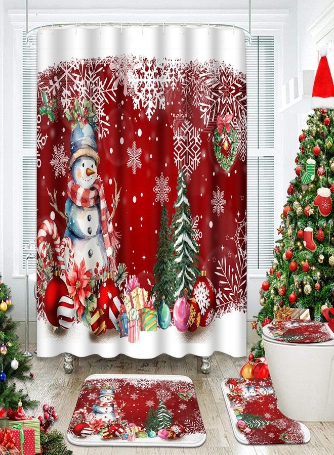 Nesphy Christmas Tree Snowman Shower Curtain Set with Toilet Lid Cover and Non-Slip Rugs for Bathroom Decor, Winter Snowflakes Balls 4PC Shower Curtain, Red Christmas Bathroom Set with 12 Hooks - Image 1