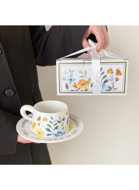 Ceramic Coffee Cup and Saucer Gift Box Set，Vintage Floral Design，Perfect for Espresso，Tea or Coffee Lovers， Gift Boxed for Home，Office or Special Occasion (Daffodils)
