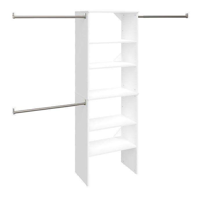 SUITESYMPHONY WOOD CLOSET ORGANIZER STARTER KIT TOWER AND 3 HANG RODS SHELVES ADJUSTABLE FITS SPACES 5 10 FT WIDE PURE WHITE 25