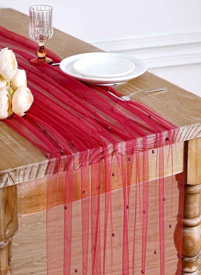 LuoluoHouse Pearl Tulle Table Runner Fabric: Red 10ft Christmas Veil Dessert Chiffon Pearl Lace Boho Glitter Overlay Wedding Aisle Runner Party Decorations Doilies - Image 1