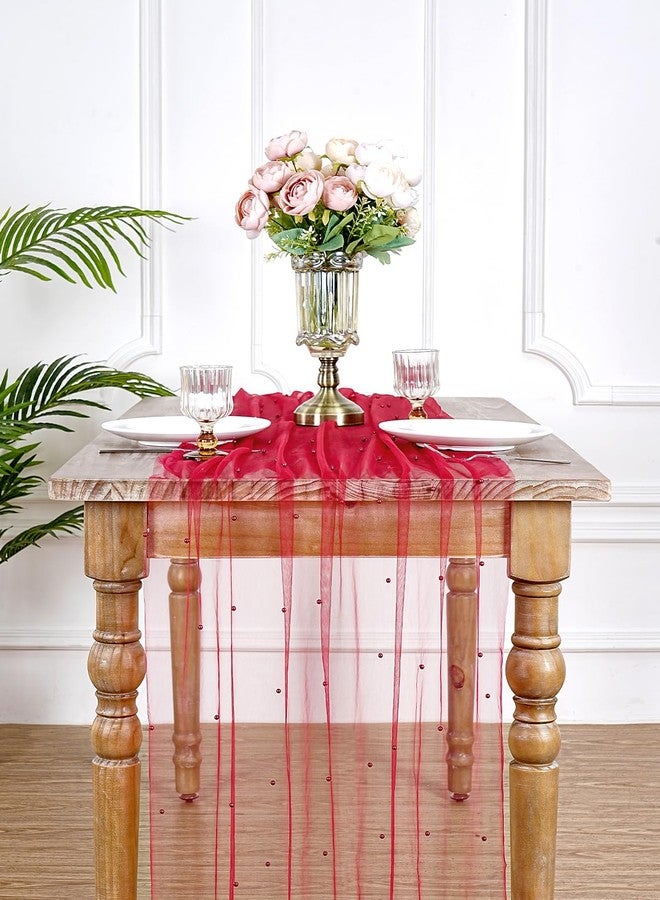 LuoluoHouse Pearl Tulle Table Runner Fabric: Red 10ft Christmas Veil Dessert Chiffon Pearl Lace Boho Glitter Overlay Wedding Aisle Runner Party Decorations Doilies - Image 5