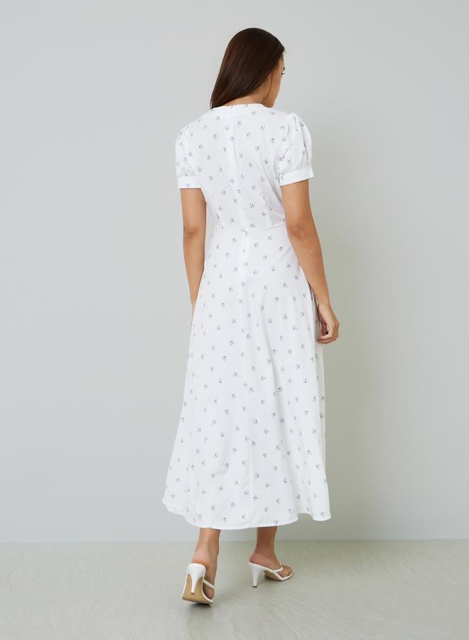 Styli White Ditsy Print V Neck A-Line Maxi Dress - Image 3