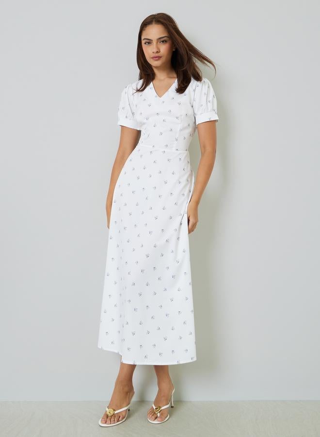 Styli White Ditsy Print V Neck A-Line Maxi Dress - Image 1