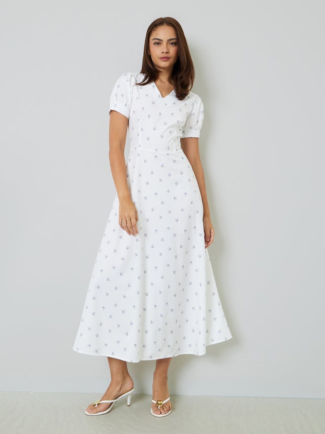 Styli White Ditsy Print V Neck A-Line Maxi Dress - Image 2