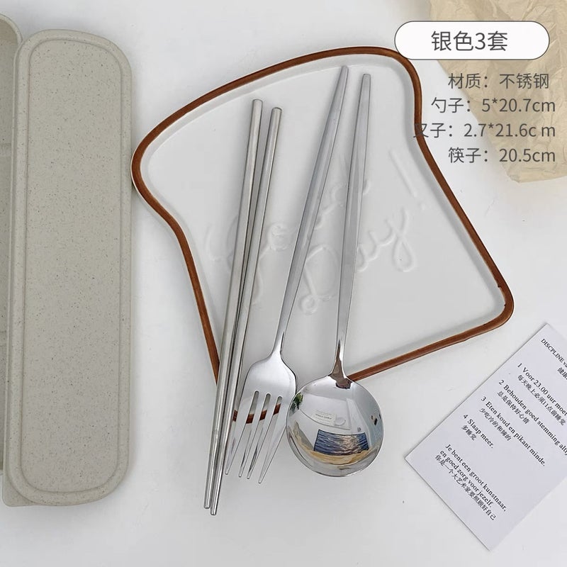 Stainless Steel Spoon, Fork And Chopsticks Tableware Set Three-Piece Set Student Adult Single Convenient Tableware Outdoor Travel Spoon And Chopsticks Box - Image 1