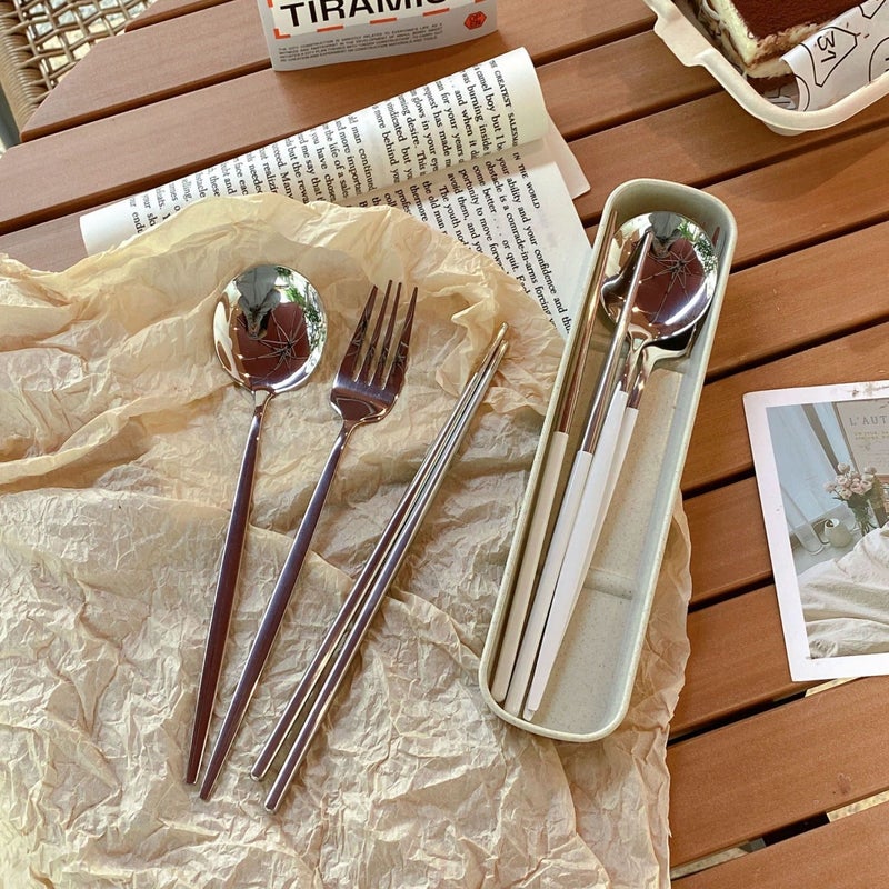 Stainless Steel Spoon, Fork And Chopsticks Tableware Set Three-Piece Set Student Adult Single Convenient Tableware Outdoor Travel Spoon And Chopsticks Box - Image 5
