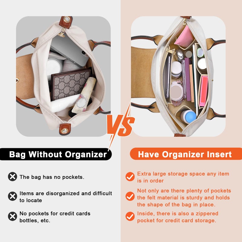 LOUKAYCCI Purse Organizer Insert for Longchamp Le Pliage M Handbag Insert Felt Long Champ Tote Bag Organizer Insert with Cup (Beige, Medium) - Image 3