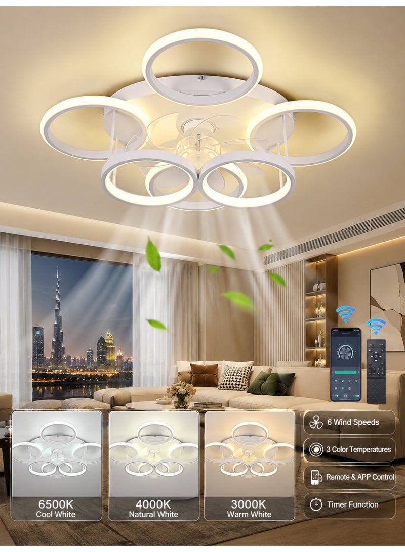 Ganeed Low Profile LED Ceiling Fan with Light, 63cm White 6-Blade Dimmable Flush Mount Fan Lamp, 6-Speed Reversible Motor with Remote & APP Control for Living Room Bedroom Kitchen - Image 1