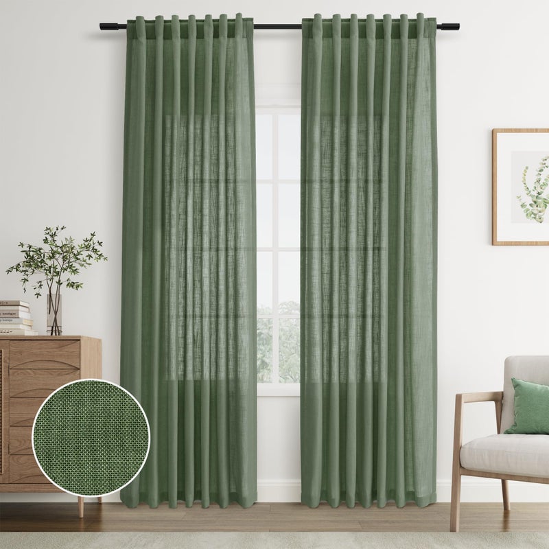 Joywell Olive Green Back Tab Linen Curtains 90 Inches Long 2 Panels for Living Room Bedroom Neutral Boho Farmhouse Rustic Light Filtering Semi Sheer Curtains Window Treatment 52x90 - Image 1
