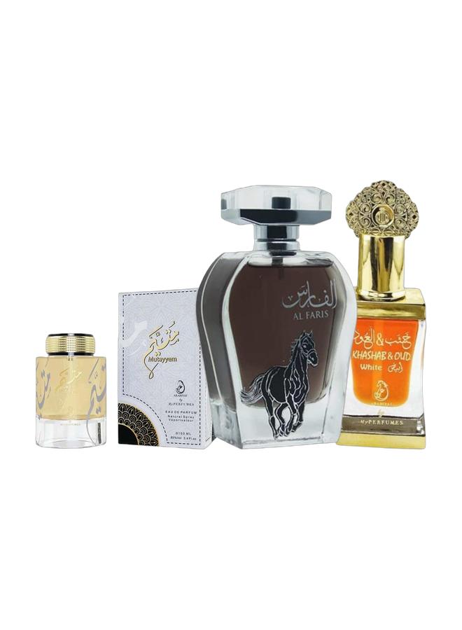 ARABIYAT Al Faris EDP 100ml, Mutayyam EDP 100ml and Khashab Oud White Concentrated Perfume Oil 12ml - Image 1