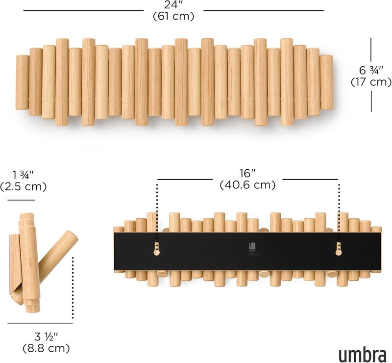 امبرا رف معاطف Umbra Picket مزود بـ 8 خطافات – رف معلق على الحائط مصنوع من خشب طبيعي، يحتوي على خطافات خشبية قابلة للطي لأسفل؛ يُستخدم لتخزين الجاكيتات، القبعات، الأوشحة، والحقائب، ويناسب المداخل وغرف النوم. - Image 3