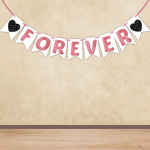 Wobbox Pink & Black Heart Reverse Cutting "Forever" Bunting Banner, Wedding Decoration Item - Image 1