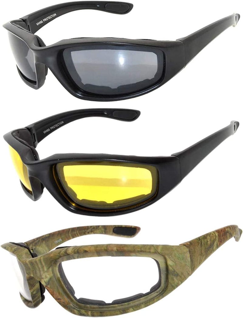 OWL 3 Pack Motorcycle Riding Glasses, Padded Sport Sunglasses, Assorted Colors for Men and Women - Image 1