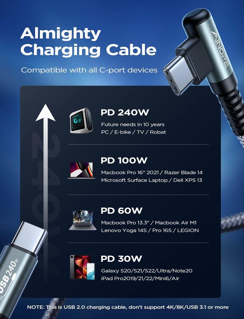 AINOPE 240W USB C to USB C Cable (6.6ft 2Pack Chubby USB C) USB C to USB C Fast Charging Cable, Right Angle USB C Charger Cable for iPhone16 Charger Cord, MacBook Pro, iPad, Samsung Galaxy S25 - Image 4