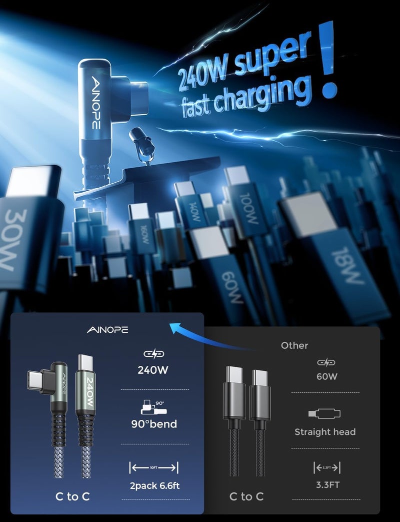 AINOPE 240W USB C to USB C Cable (6.6ft 2Pack Chubby USB C) USB C to USB C Fast Charging Cable, Right Angle USB C Charger Cable for iPhone16 Charger Cord, MacBook Pro, iPad, Samsung Galaxy S25 - Image 2