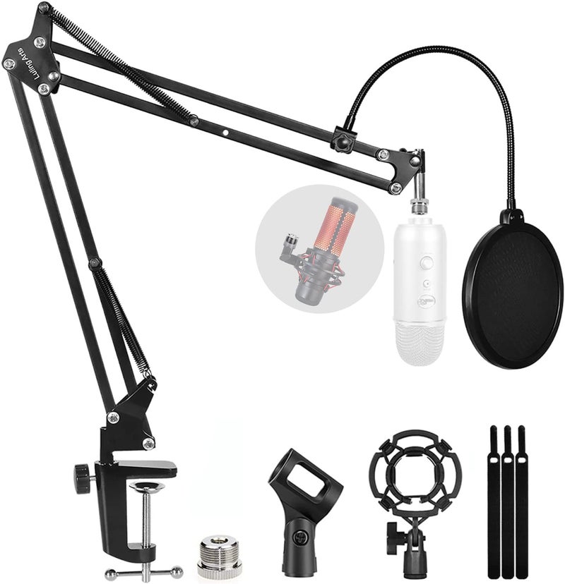 Luling Arts Microphone Stand for Blue Yeti, Quadcast Boom Arm Scissor Mic Stand with Windscreen and Double layered screen Pop Filter Heavy Duty Mic Boom Scissor Arm Stands, Broadcasting and Recording.Game - Image 1
