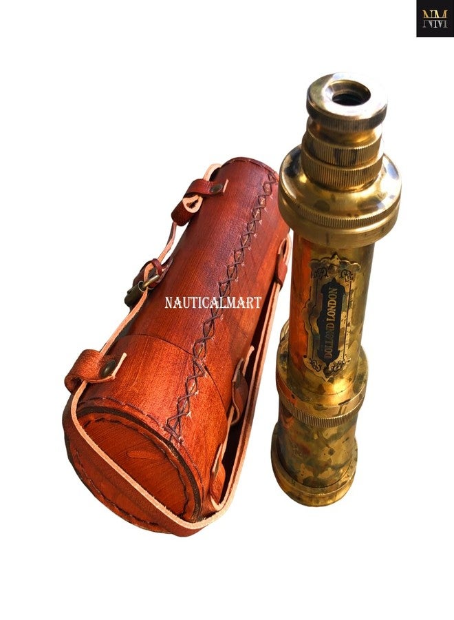 NAUTICALMART تلسكوب/منظار برونزي من لندن بطول 18 بوصة في صندوق جلد قديم هدية رائعة للمناظير للمسافرين، المغامرات، المقتنيات، التنزه، التخييم (برونزي قديم) - Image 2