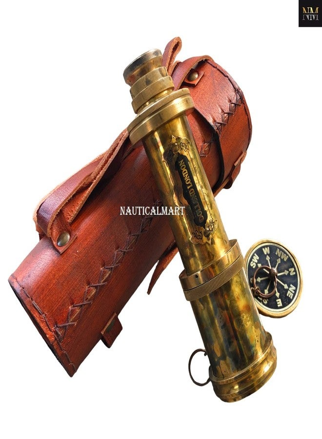 NAUTICALMART تلسكوب/منظار برونزي من لندن بطول 18 بوصة في صندوق جلد قديم هدية رائعة للمناظير للمسافرين، المغامرات، المقتنيات، التنزه، التخييم (برونزي قديم) - Image 4