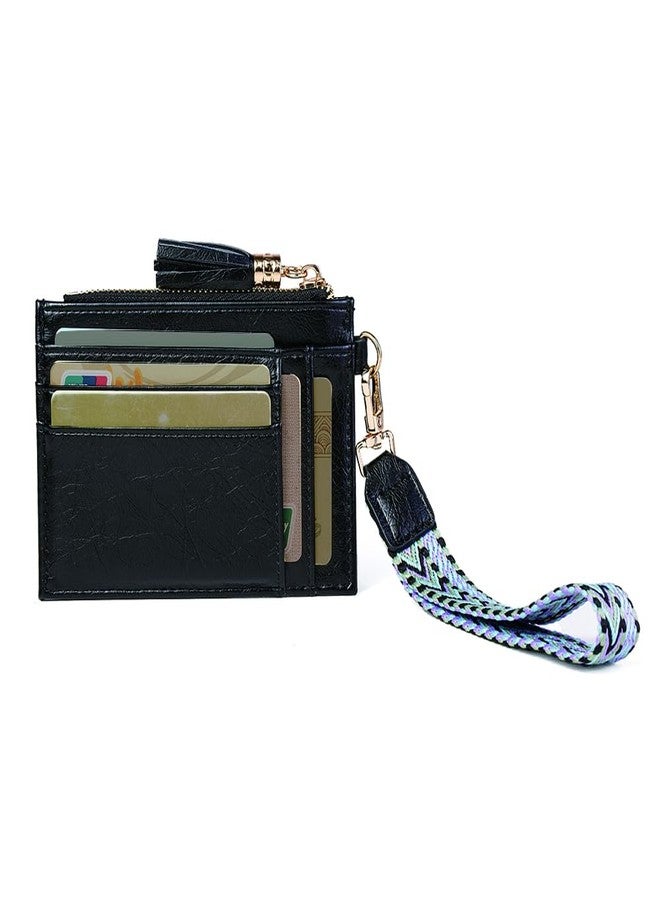 LIYSOYO Slim Card Holder Wallet For Women, RFID Leather Credit Card Wallet, Small Wallet Wristlet Coin Purse With Wrist Lanyard Strap and Hand Free Phone Tether Pad, Black, Slim Card Holder Wallet - Image 1