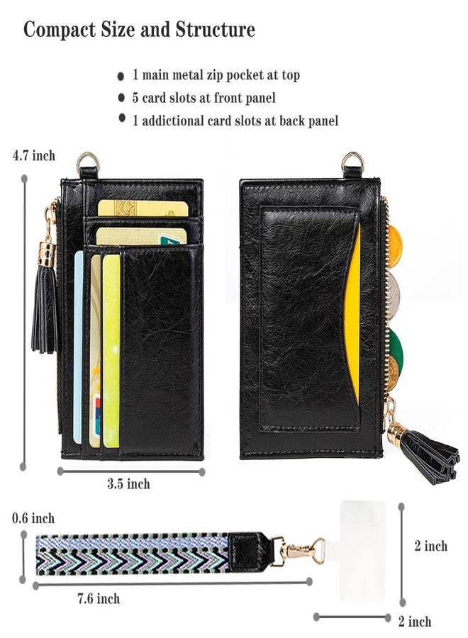 LIYSOYO Slim Card Holder Wallet For Women, RFID Leather Credit Card Wallet, Small Wallet Wristlet Coin Purse With Wrist Lanyard Strap and Hand Free Phone Tether Pad, Black, Slim Card Holder Wallet - Image 2
