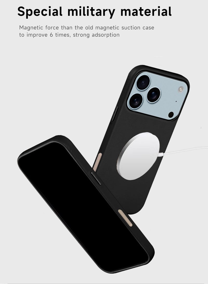 Wtech Apple iPhone 17 Pro Max 5G 2025 Luxury Leather Magnetic Wireless Charging Case Original MagSafe Shockproof Case Cover (MCMPMN) - Black - Image 3