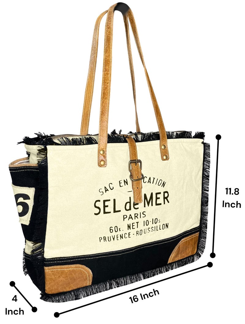 RUSTIC TOWN Canvas Leather Tote Bag for Women - Sel De Mer Upcycled Canvas Shoulder Bag Hobo Travel Handbag Ladies Purse Satchel, Black - Image 4