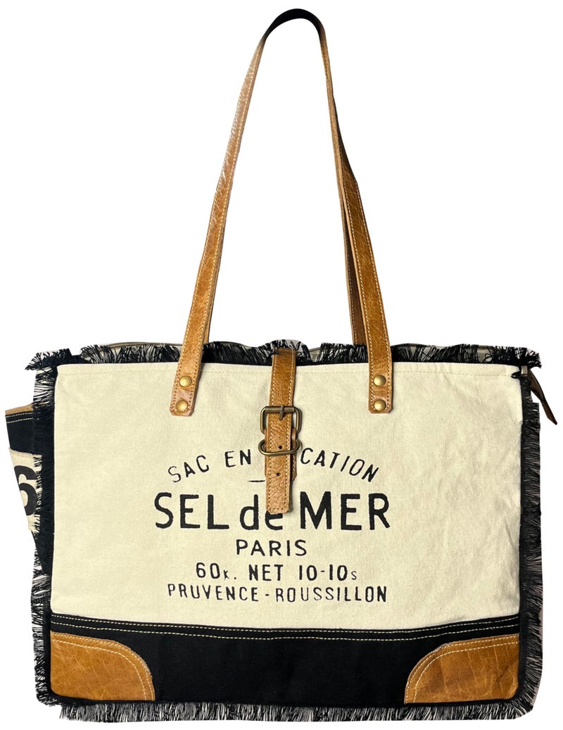 RUSTIC TOWN Canvas Leather Tote Bag for Women - Sel De Mer Upcycled Canvas Shoulder Bag Hobo Travel Handbag Ladies Purse Satchel, Black - Image 1