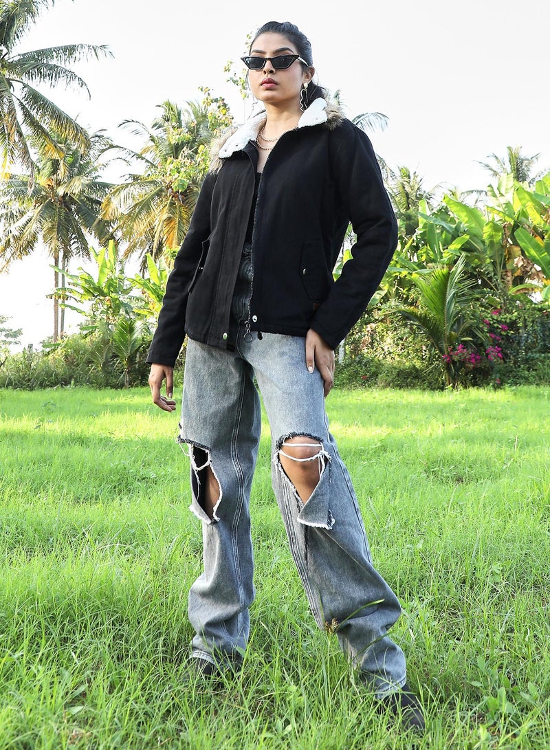 Campus Sutra Campus Sutra Women's Zip-Front Jacket With Fur Details  - Image 5
