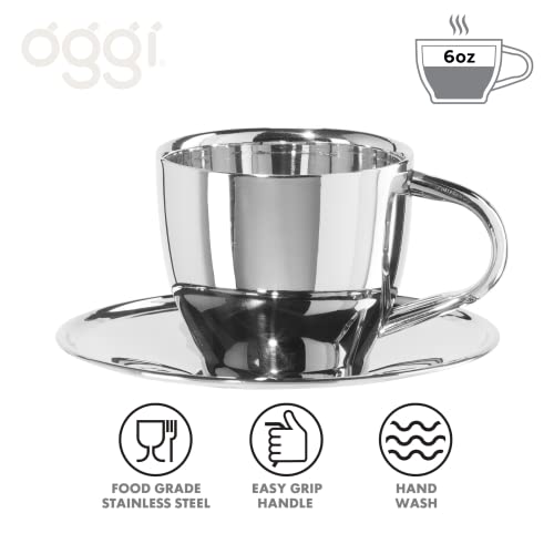 Oggi Insulated Coffee Cups 6oz - Saucer Included - Dual Wall Stainless Steel Technology Coffee or Tea Cup with Elegant Mirror Finish - Image 2