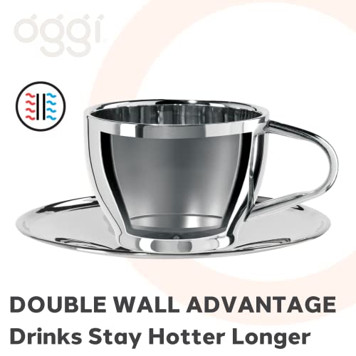 Oggi Insulated Coffee Cups 6oz - Saucer Included - Dual Wall Stainless Steel Technology Coffee or Tea Cup with Elegant Mirror Finish - Image 4