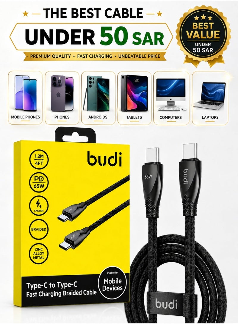 Budi (DC128TT12B) Type-C to Type-C 65W Fast Charging Cable, 1.2M Braided Type-C Cable with Zinc Alloy Connectors, PD Fast Charge and Data Sync Charging Cable - Black - Image 1